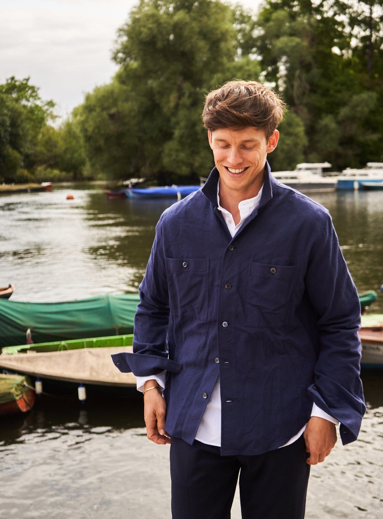 Neem London Flannel Double Pocket Recycled Cotton Shirt, Navy