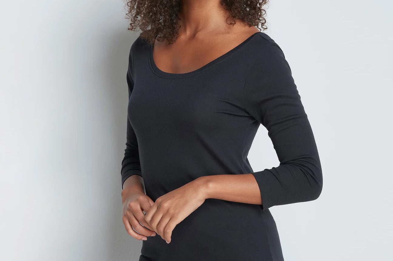3/4 Sleeve Boat Neck Cotton Modal Blend T-Shirt