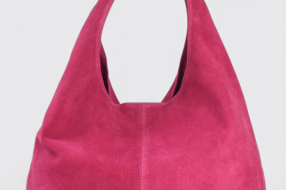 Raspberry Suede Leather Hobo Boho Shoulder Bag