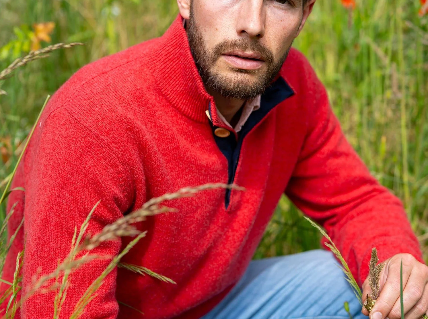 Cashmere and Merino Button Neck Jumper Burnt Coral